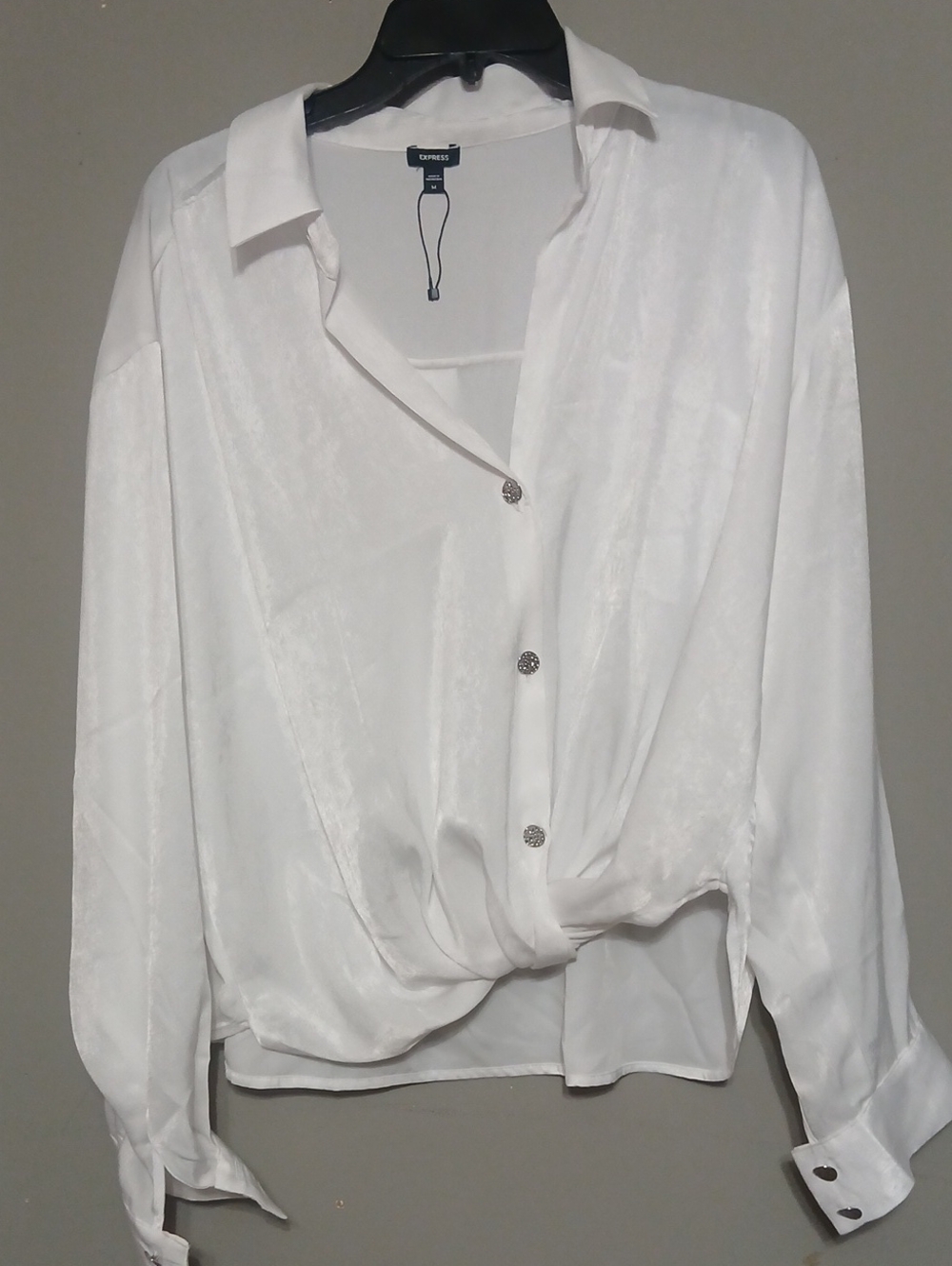 Express White Satin Button-Front Twist Hem Blouse